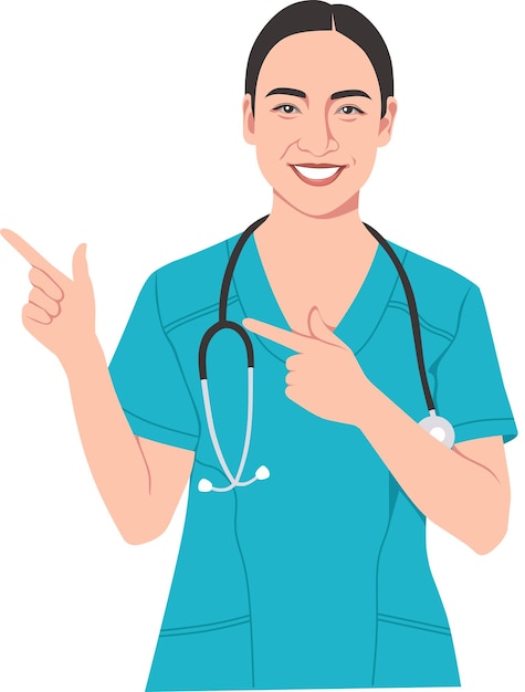 female doctor in blue pointing to the right with a stethoscope