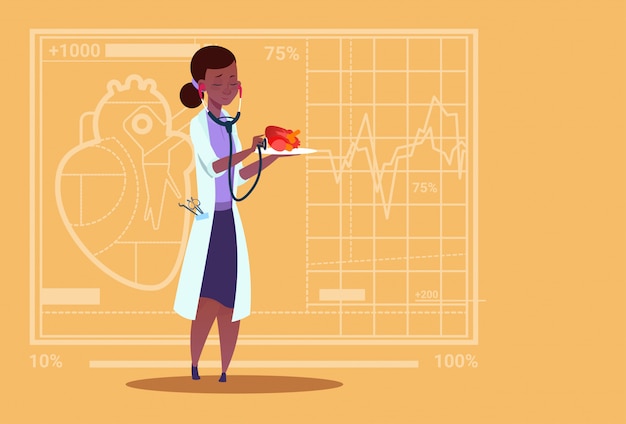 청진 기 의료 클리닉 아프리카 계 미국인 노동자 병원으로 마음을 검사하는 여성 의사 심장