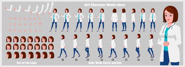 Female doctor Character model sheet with walk cycle animations and lip syncing