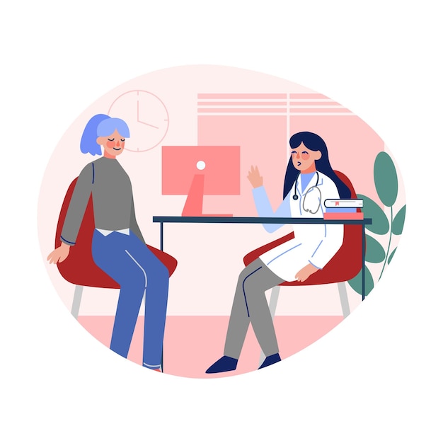 Vector female doctor consulting patient in clinic flat medical worker and young woman sitting at the desk