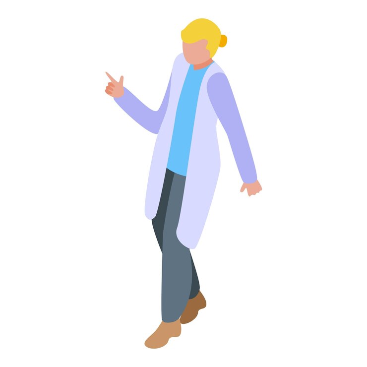 Vector female doctor explaining something while pointing with a finger isometric illustration