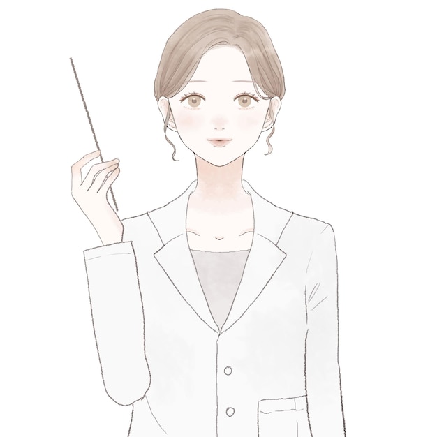 Female doctor explaining while holding instruction stick. On white background.