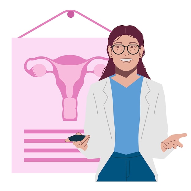 female doctor gynecologist explain female anatomy in flat illustration