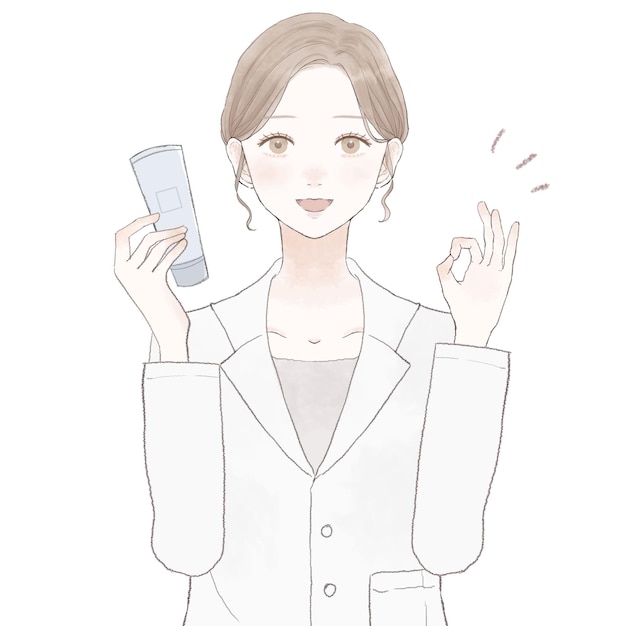 Female doctor holding cosmetics and holding OK sign. On white background.