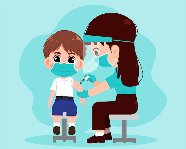 Female doctor injecting vaccine to student boy healthcare and medical concept drawn cartoon art illustration