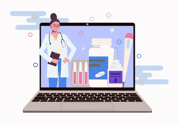 Female doctor on laptop screen. Online advice on quarantine treatment and medication.