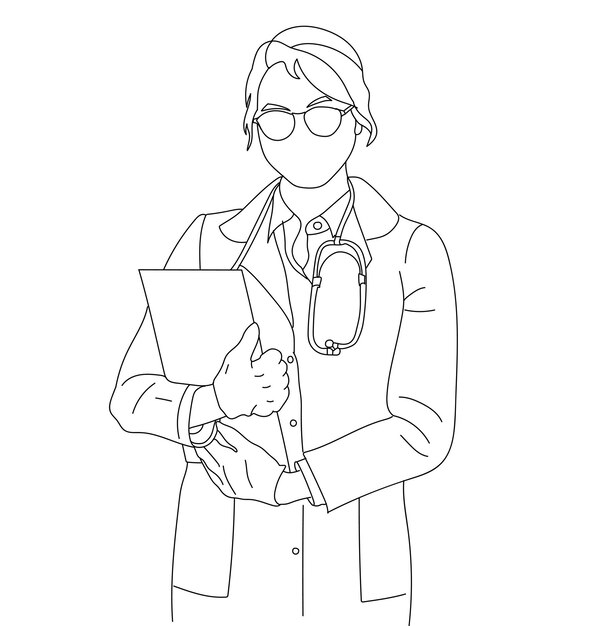 Vector female doctor line art illustration