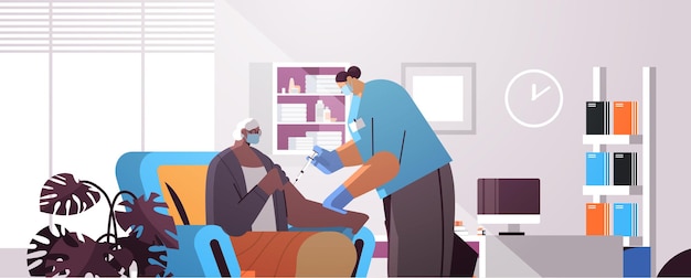 Vector female doctor in mask vaccinating old patient practitioner giving injection to senior woman fight against coronavirus vaccination concept modern clininc interior horizontal portrait vector illustratio