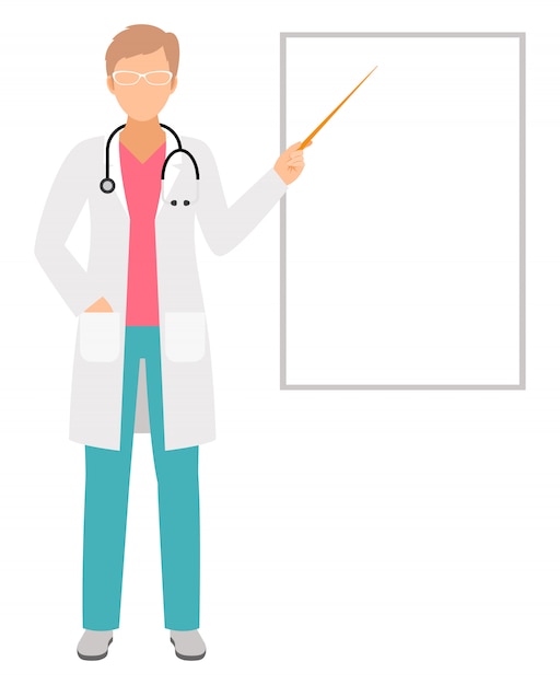 Female doctor or nurse presentation, woman dentist show on blank paper board flip chart with copyspace