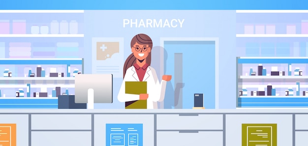 Female doctor pharmacist with clipboard standing at pharmacy counter modern drugstore interior medicine healthcare concept horizontal portrait