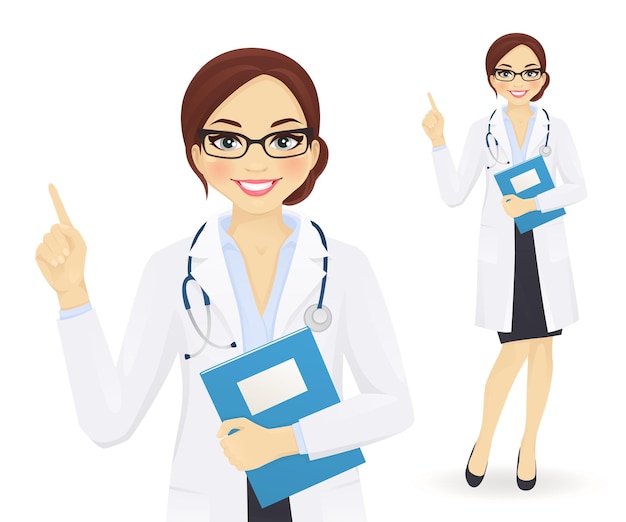Female doctor pointing finger up isolated vector illustration