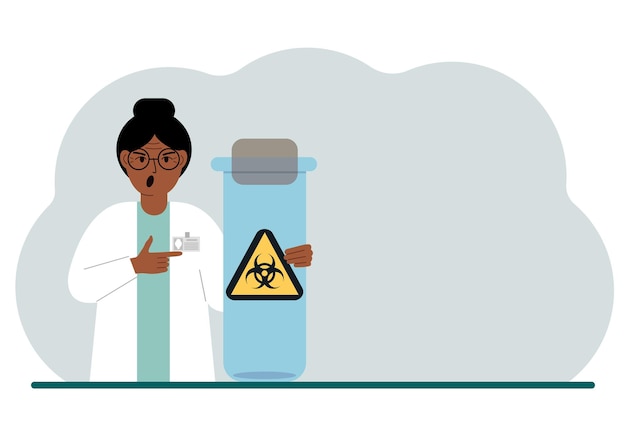 Vector a female doctor or scientist is holding a test tube with a biohazard or virus warning label on it biological hazard