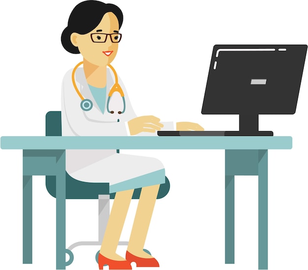 Female Doctor Sits at the Desk in Medical Clinic Flat Style