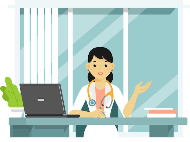 Vector female doctor sits at the desk on window background