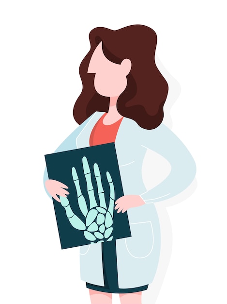 Dottoressa in uniforme che tiene una radiografia del palmo della mano