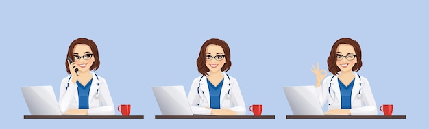 female doctor using laptop computer sitting at the desk different gestures set isolated vector