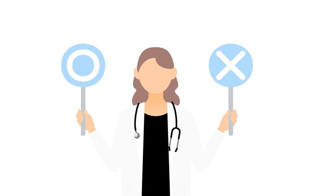 Vector a female doctor in a white coat holds a crossed out stick in a pose of matching answers