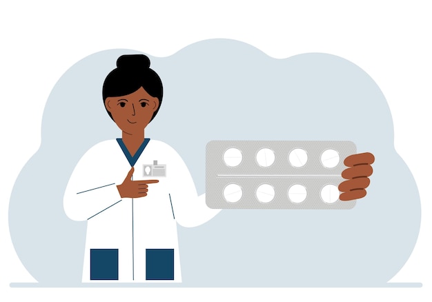 Vector a female doctor in a white coat holds a large plate with pills vector flat illustration