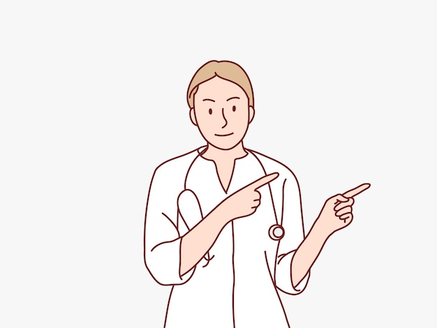 Female doctor in a white coat points to the side with his hands fingers simple korean style illustration