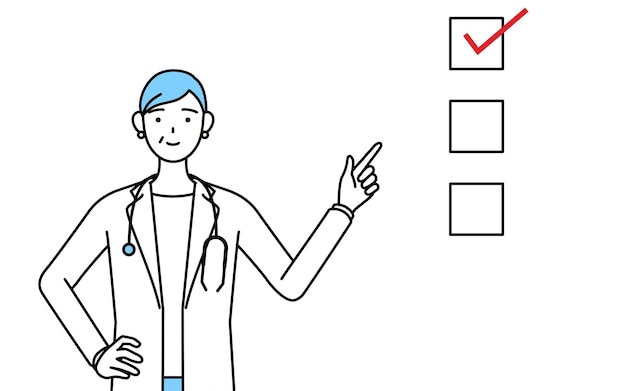 Female doctor in white coats with stethoscopes senior middleaged veterans pointing to a checklist