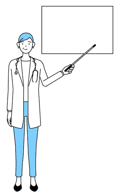 Female doctor in white coats with stethoscopes senior middleaged veterans pointing at a whiteboard with an indicator stick