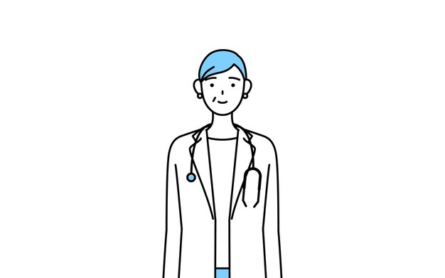 Vector female doctor in white coats with stethoscopes senior middleaged veterans standing