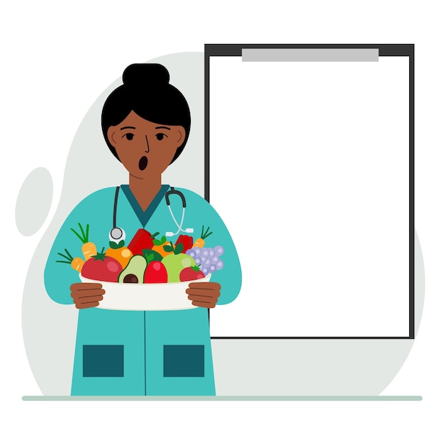 Женщина-врач с тарелкой овощей и фруктов буфер обмена пустой для вашего текста концепция диеты правильное питание здоровье