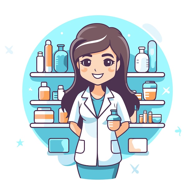 Female doctor with bottle of medicine Vector illustration in cartoon style