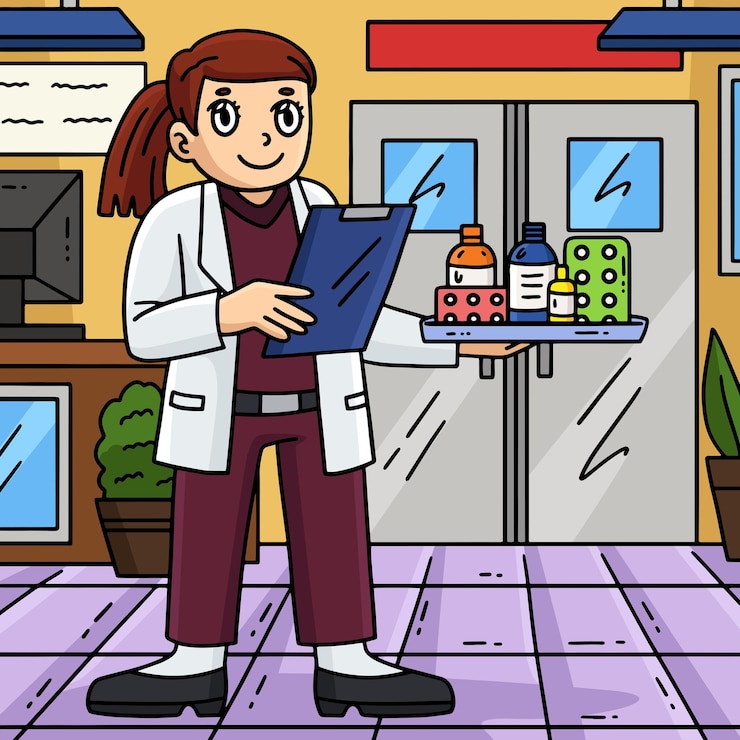 वेक्टर female doctor with bottles of medicine colored