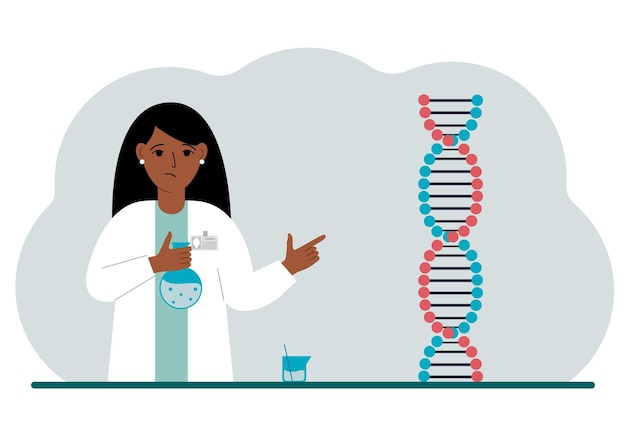 DNA 사슬 근처에 플라스크가 있는 여성 의사 새로운 코로나바이러스 pcr 또는 질병을 치료하는 개념