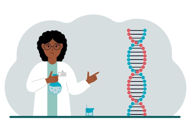 DNA 사슬 근처에 플라스크가 있는 여성 의사 새로운 코로나바이러스 pcr 또는 질병을 치료하는 개념