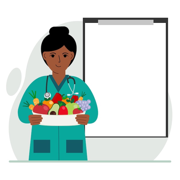 Vector female doctor with a plate of vegetables and fruits clipboard blank for your text the concept of diet proper nutrition health