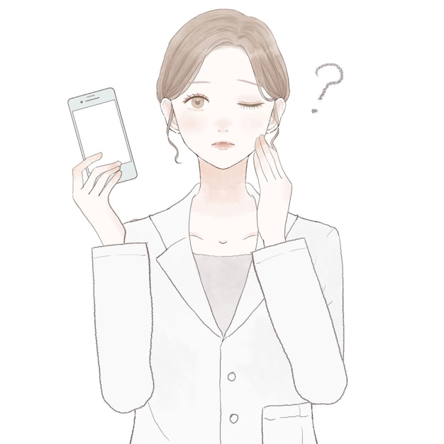 Una dottoressa con uno smartphone con una domanda. su sfondo bianco.