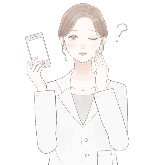 質問のあるスマートフォンを持つ女性医師。白い背景に。