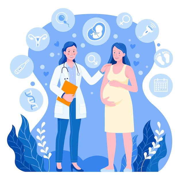 Female doctor woman with pregnant woman Vector flat illustration