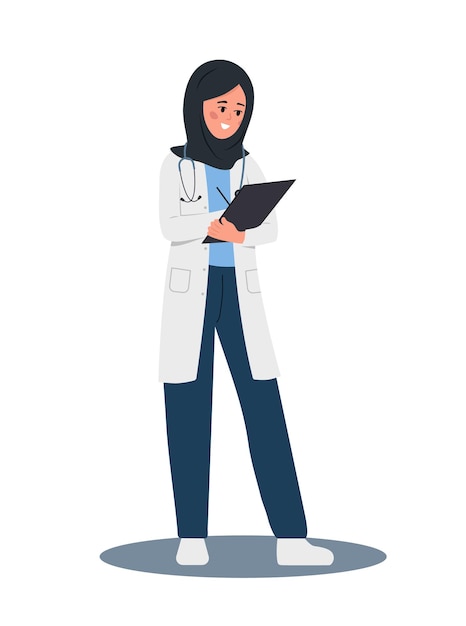 Female doctor writing medical prescription Arabian woman in hijab holding clipboard with recipe for patient Healthcare treatment and pharmacy concept Vector illustration in flat cartoon style