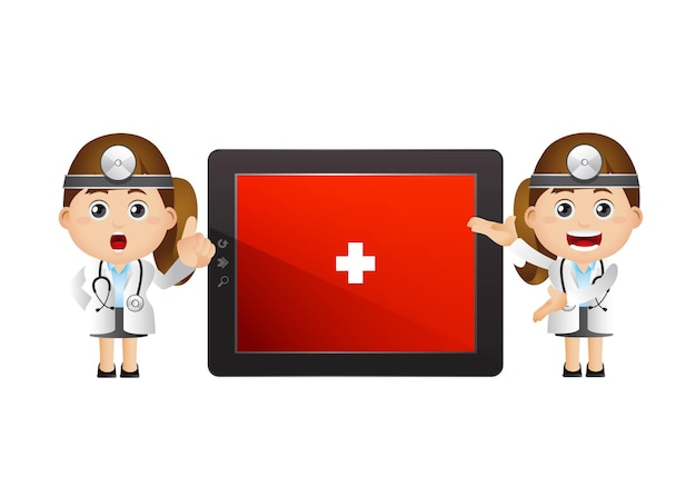 Vector female doctors and big tablet screen