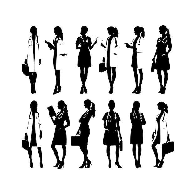 female doctors silhouette vector set physicians standing in different position