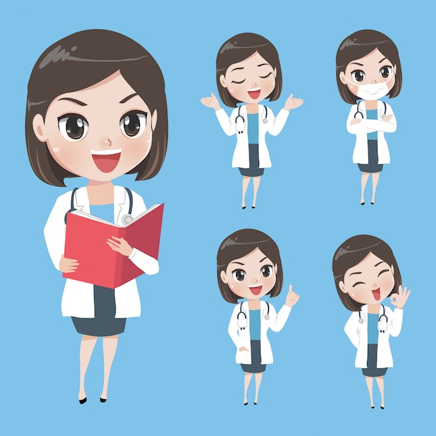 Vector female doctors in various gestures in uniform.