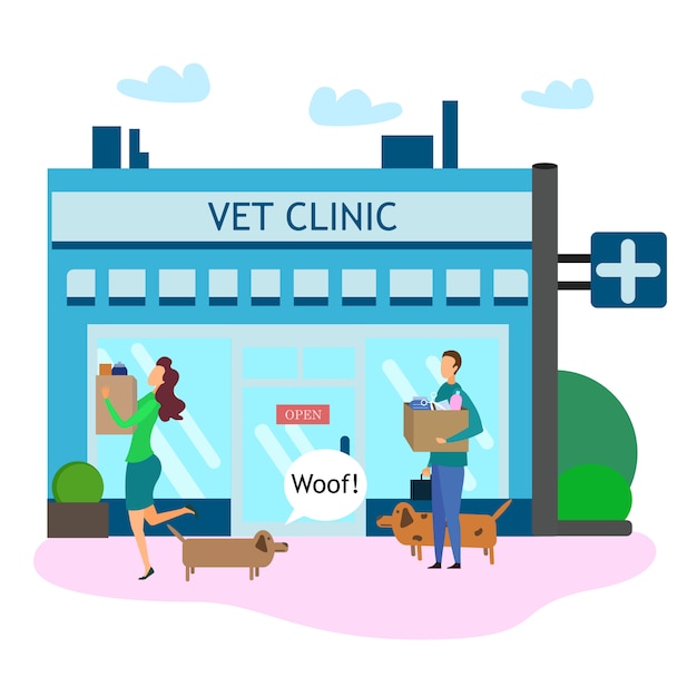 Vector female dog owner with pet goods outside vet clinic