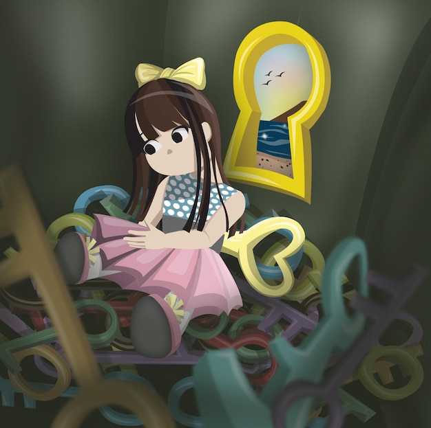 A female doll in a locked small room full of keys