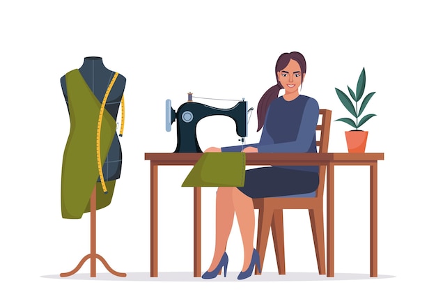 Female dressmaker or seamstress working on sewing machine Smiling woman sewing sitting