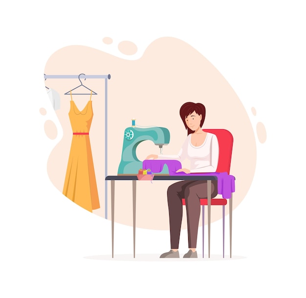 Вектор Женщина-портниха шьет креативную одежду ручной работы женщина-швея шьет платье на швейной машине