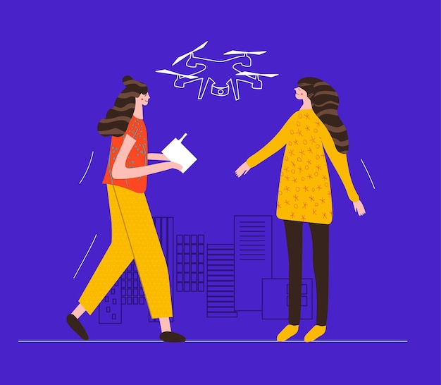 Female drone pilot girl stands with control panel from the drone women launch an unmanned aerial vehicle future technology uav  handdrawn vector illustration in cartoon style