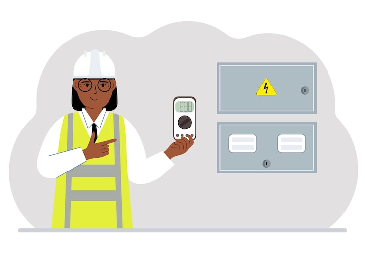 Vector a female electrical engineer holds a digital multimeter in his hand and stands next to an electrical cabinet