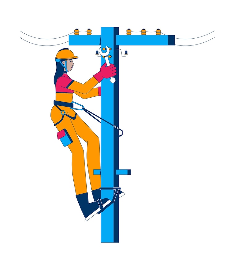 Vector female electrician repairing utility pole cartoon flat illustration