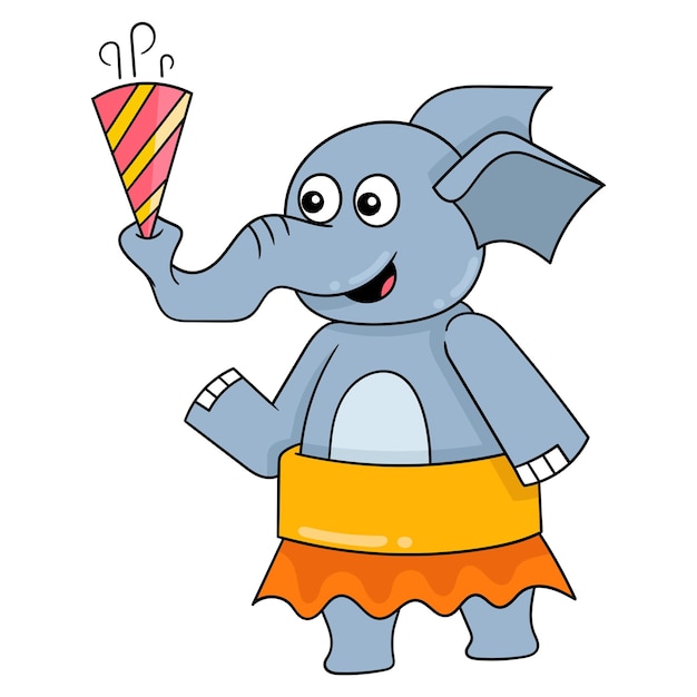 Самка слонихи дует в трубу для празднования нового года векторная иллюстрация искусства каракули значок изображения каваи