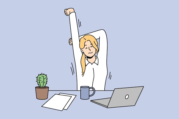 Vector female employee stretching at workplace