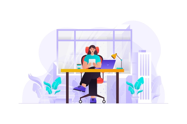 Vector female employee working in the office illustration