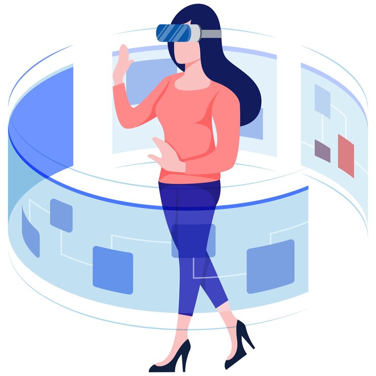 Vector female employee working using virtual reality